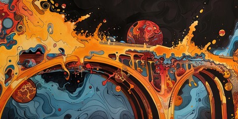 Poster - The abstract picture of the colour that is mixing to each other and forming into the aesthetic bridge, A bridge is a structure built to span obstacles allowing for passage of transportation. AIG51.