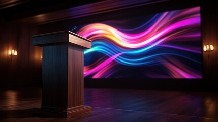 Wall Mural - Wooden podium in dimly lit conference room with colorful abstract presentation screen