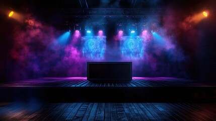 Canvas Print - Empty stage, neon lights, smoky backdrop, display mockup
