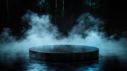 Canvas Print - Dark, round pedestal, fog, bamboo forest background