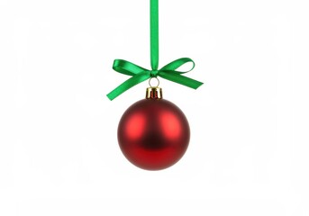 Wall Mural - Red christmas ornament hanging with green ribbon on white background