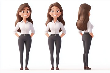 Poster - Happy smiling cartoon character business office worker woman standing on white background. 3d style employee person