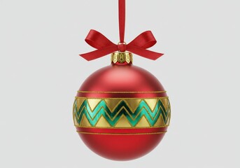 Wall Mural - Red christmas ornament with gold trim and green zigzag pattern on a white background