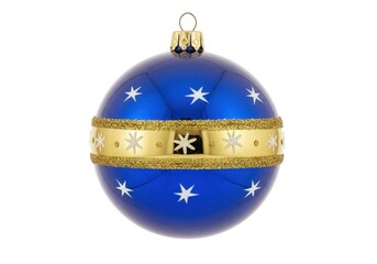 Wall Mural - Blue christmas ornament with gold band and star pattern on a white background