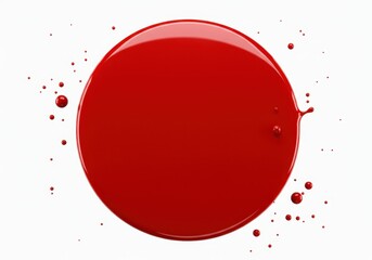 Poster - Round red paint blot with droplets on white background, top view