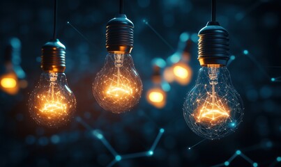Poster - illuminated light bulbs with glowing filament and digital network background