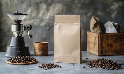 Poster - Coffee packaging mockup with coffee beans and grinder on rustic background