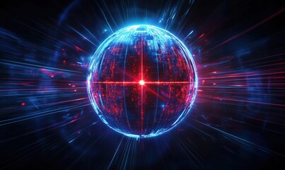 Poster - Futuristic glowing digital globe with vibrant light trails and data visualization effects