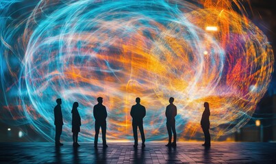 Poster - Silhouetted figures against vibrant abstract light trails in urban setting
