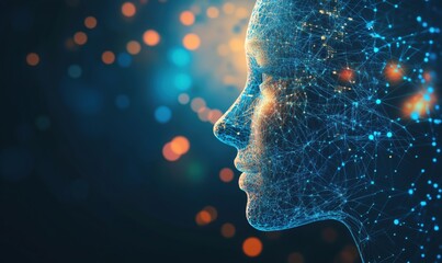 Poster - Digital human face silhouette with glowing network connections and abstract background