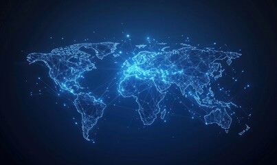 Poster - Digital world map with glowing connections and network lines across continents