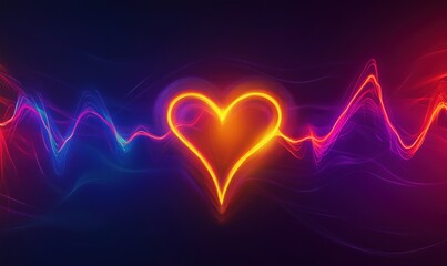 Poster - Heartbeat pulse with glowing heart shape in vibrant neon colors
