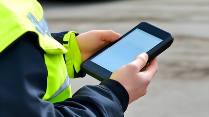 Poster - Worker scanning packages at warehouse logistics hub digital monitoring outdoor close-up efficiency