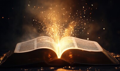 Poster - Magical book with glowing pages and sparkling light effects in dark background