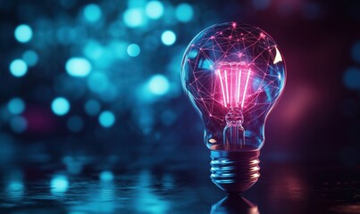Poster - Illuminated light bulb with glowing filament and abstract bokeh background