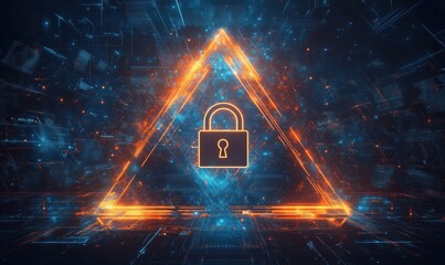 Poster - Digital security concept with glowing lock symbol inside triangular frame