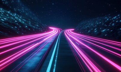 Poster - Futuristic neon highway with glowing pink lights and starry night sky