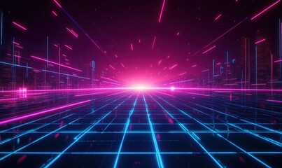 Poster - Futuristic neon cityscape with glowing grid and vibrant light trails