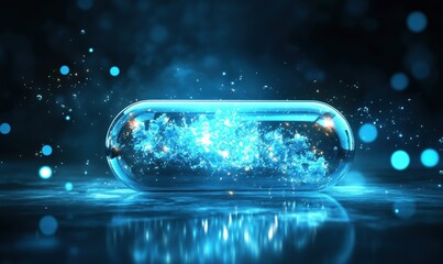 Poster - glowing capsule filled with sparkling blue particles in a mystical environment