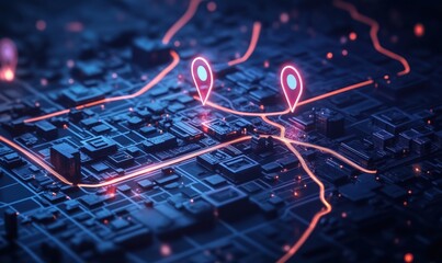 Poster - 3D city map with glowing navigation pins and routes for urban exploration
