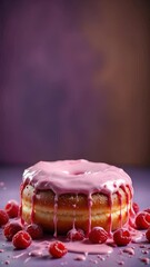 Poster - A soft-focus donut with vibrant pink glaze, surrounded by fresh raspberries. The background features a blurred gradient of warm hues. Ideal lighting highlights the glaze's glossiness, enhancing textur