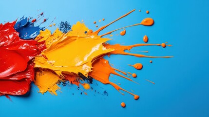 Fototapete - Abstract paint splashes in red, yellow and blue energetically fly across the s in a vibrant explosion of color rendered in high definition 3-giixel detail.