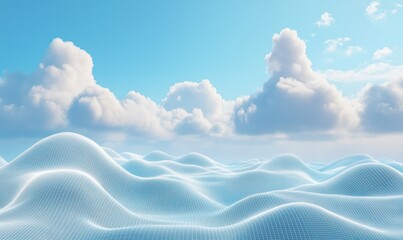 Poster - 3D wireframe ocean waves under blue sky with fluffy clouds