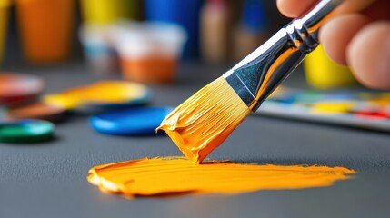 Fototapete - A vibrant orange color is applied with a paintbrush, the bright hue symbolizing creativity and a doodle in this high resolution, 4-giixel art piece.