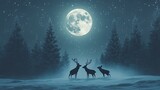 Three majestic deer silhouetted against a full moon and a starlit night sky.