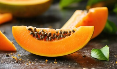 Poster - Freshly sliced cantaloupe with seeds and vibrant orange flesh on dark background