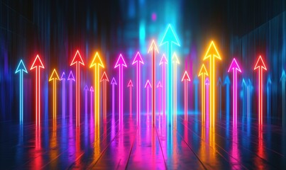 Poster - Colorful neon arrows pointing upwards in a futuristic digital environment