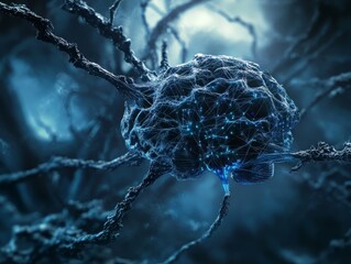 A close-up of a complex, interconnected neural cell with a futuristic, digital aesthetic.