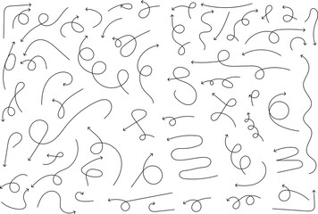 Fototapete - Black hand drawn arrows on white background. Curve arrow icon. Arrow, cursor icon. Collection of pointers. Back, Forward, Next, Previous sign