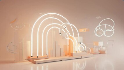 Poster - A modern abstract installation features glowing neon arches and geometric shapes in a minimal, futuristic setting.