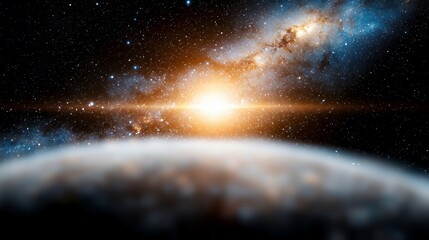 vibrant starburst above planet with milky way galaxy backdrop