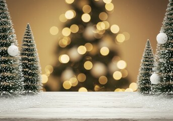 Poster - Christmas tabletop display with snow covered trees and bokeh lights backdrop