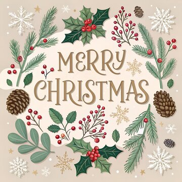 Typographic Merry  Christmas Greeting with Mistletoe Branches, Pinecones, Holly Leaves, Berries and Snowflakes