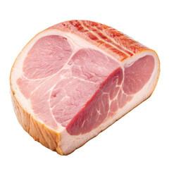 Poster - Slice of uncooked ham with raw texture is isolated on transparency background, showcasing its marbled pink and white meat. ham surface is smooth and slightly glossy, highlighting its freshness