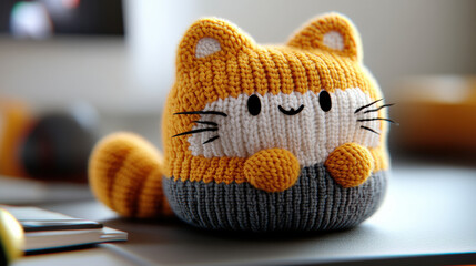 Aufkleber - Cute knitted cat plush toy with cheerful expression sits on table, featuring orange and gray colors. Its round shape and soft texture make it adorable decorative item