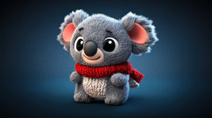 Aufkleber - Cute, fluffy koala toy with knitted red scarf sits against dark background, exuding warmth and charm. Its big eyes and soft texture make it adorable and huggable companion