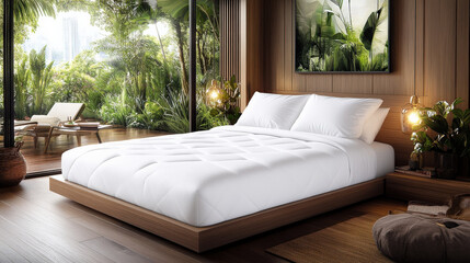Aufkleber - Serene bedroom features rectangular mattress cover on wooden platform bed, surrounded by lush greenery and large windows. tranquil setting is enhanced by natural light and modern decor