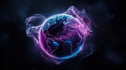 Leinwandbilder - Vibrant, swirling image of Earth with pearlescent colors and glowing energy, set against dark background. ethereal atmosphere creates sense of wonder and mystery