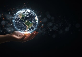 Poster - Hand holding earth globe surrounded by network connections in space