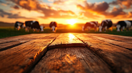 Aufkleber - Beautiful wooden table with rustic texture is set against vibrant sunset, with cows grazing in background, creating serene rural scene