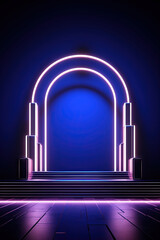 Poster - Neon arch in dark blue lights room with clouds. Abstract background for party stage or product display.