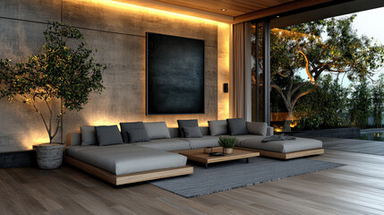 Aufkleber - Modern minimalist living room features large sectional sofa, wooden flooring, and ambient lighting, creating serene atmosphere. space is enhanced by potted plant and view of nature