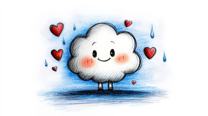 Aufkleber - Cute doodle character of smiling cloud with blush cheeks stands surrounded by red hearts and raindrops, creating whimsical and joyful atmosphere
