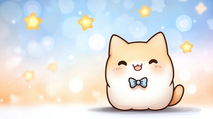 Poster - Cute hand drawn doodle of smiling kitten with oversized eyes and bow tie, surrounded by glowing stars on soft gradient background, creating whimsical and joyful atmosphere