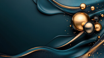 Poster - Minimalistic classy background in deep teal with gold accents, featuring abstract flowing shapes and metallic spheres. elegant design exudes sophistication and modernity