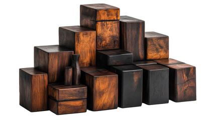 Poster - Pyramid of polished wooden blocks showcases rich, dark grains and smooth textures, creating visually appealing geometric arrangement. natural wood finish adds warmth and elegance